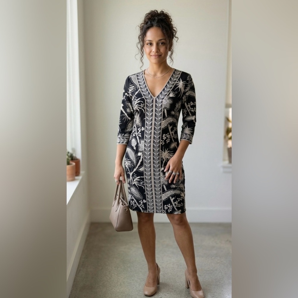 Gretchen Scott Black & Ivory Printed Shift Dress Size Small